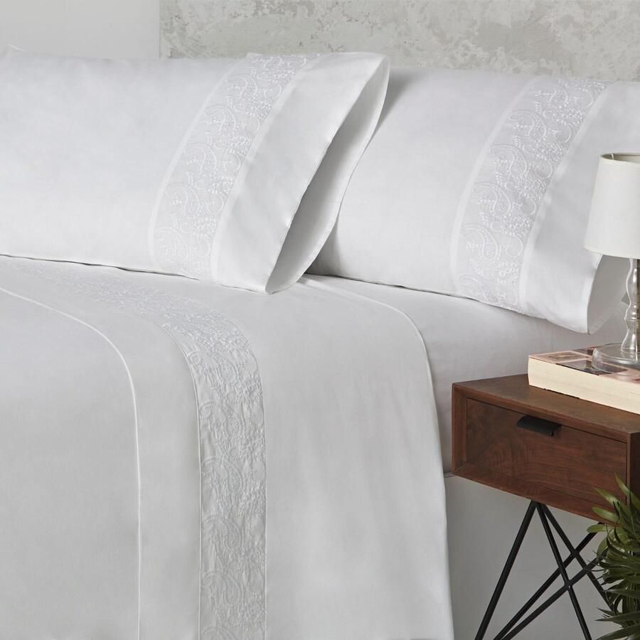 Senza Marchio Burrito Blanco Geborduurd beddengoed van katoen voor 200 cm brede bedden (+ beschikbare maten) witte lakens van percal met draaddichtheid 200 kleur 402 wit