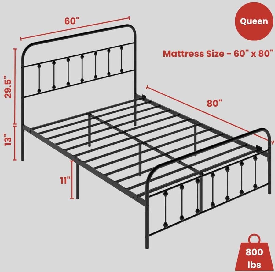 Senza Marchio CastleBeds Vintage bedframe Lite Queen Size zwart met hoofdeinde treeplank smeedstaaf ijzeren kunst zwaar werk stalen metalen platform stichting boerderij industriële Victoriaanse stijl 600 lbs