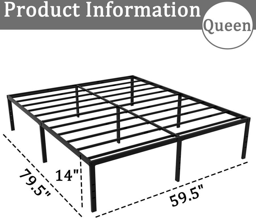 Senza Marchio caziwhave Bedframe queensize 35 cm hoog max. 3500 lbs zware metalen matrasbasis stevige stalen latondersteuning geen boxspring nodig eenvoudig te monteren geluidsvrij