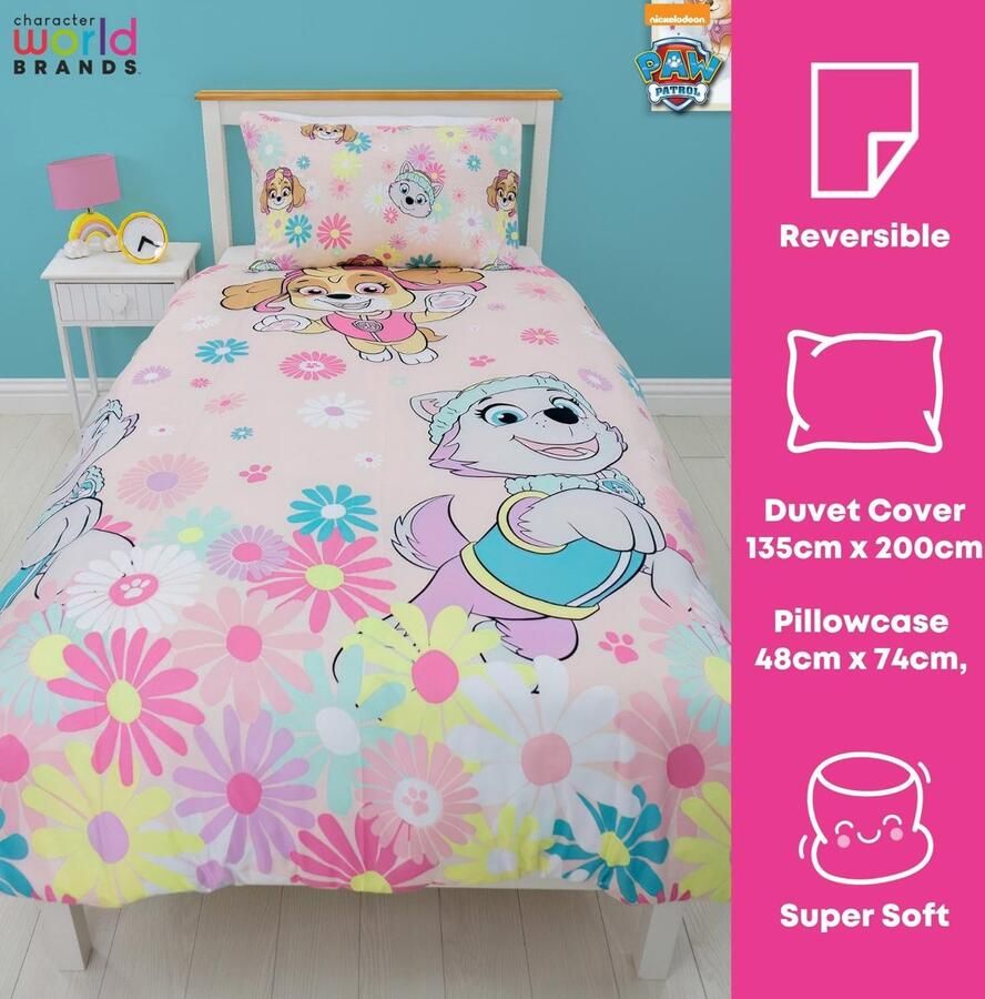 Senza Marchio Character World Paw Patrol Officiële eenpersoonsbed dekbedovertrek set Bloemen ontwerp omkeerbaar 2-zijdig beddengoed inclusief bijpassende kussensloop Eenpersoonsbed set