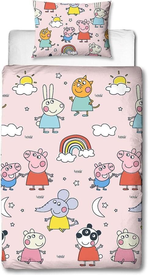 Senza Marchio Character World Peppa Pig and Friends Officiële eenpersoonsbed dekbedovertrekset Kleurrijk speels ontwerp omkeerbaar 2-zijdig beddengoed inclusief bijpassende kussensloop roze