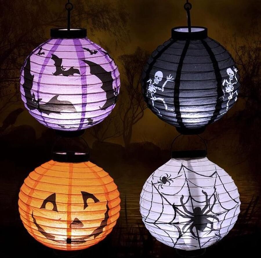 Senza Marchio Chimoo Halloween lantaarn 4 stuks papieren led-lantaarns batterij Halloween papieren lampions voor kinderen rond 3D opvouwbare lampenkap papieren lampions ideaal voor outdoor jongens en
