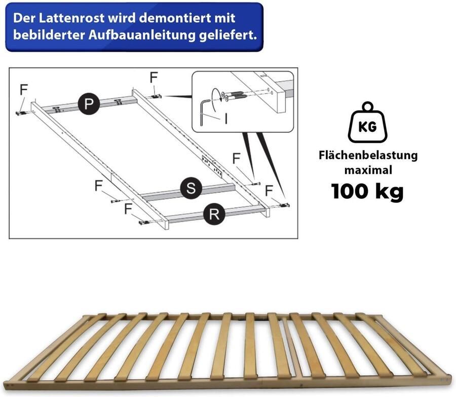 Senza Marchio Coemo Lattenbodem FIX 90 x 200 cm met 13 veerlatten niet verstelbaar eenvoudige zelfmontage lattenbodem geschikt voor talrijke soorten matrassen