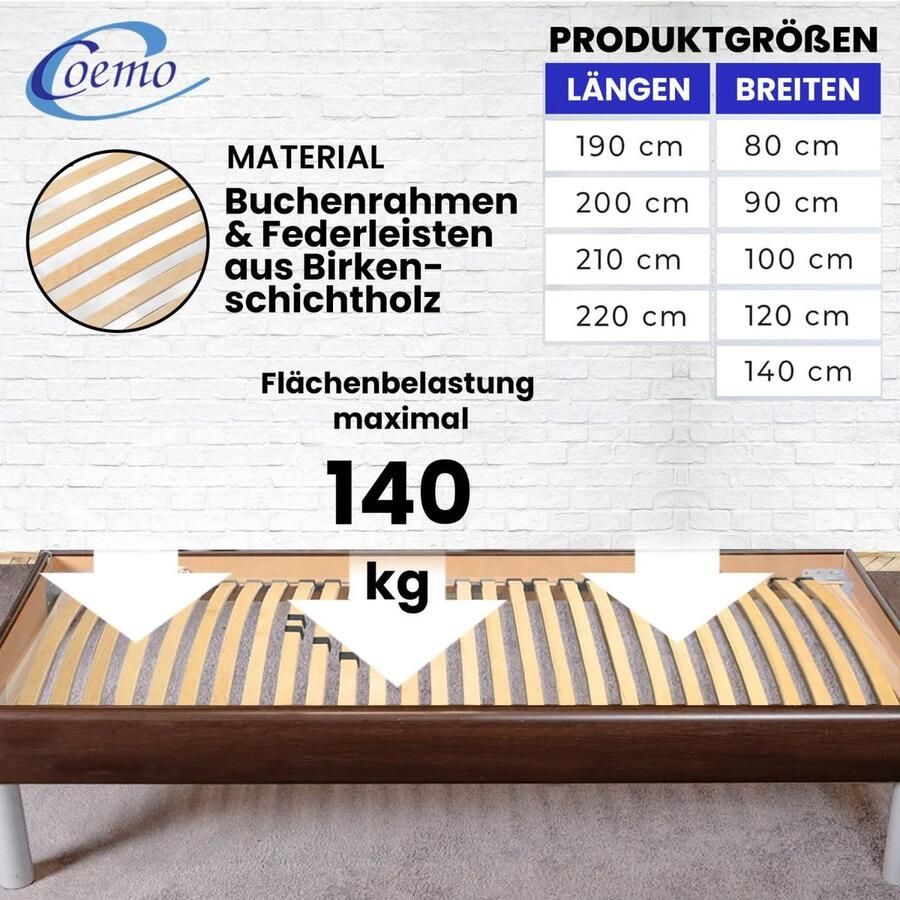 Senza Marchio Coemo Stabiele lattenbodem Basic met 7 zones stijve lattenbodem 120 x 190 cm 26 latten duo-doppen hardheidsregeling 4-voudig instelbaar bedframe beukenframe Made in Europe