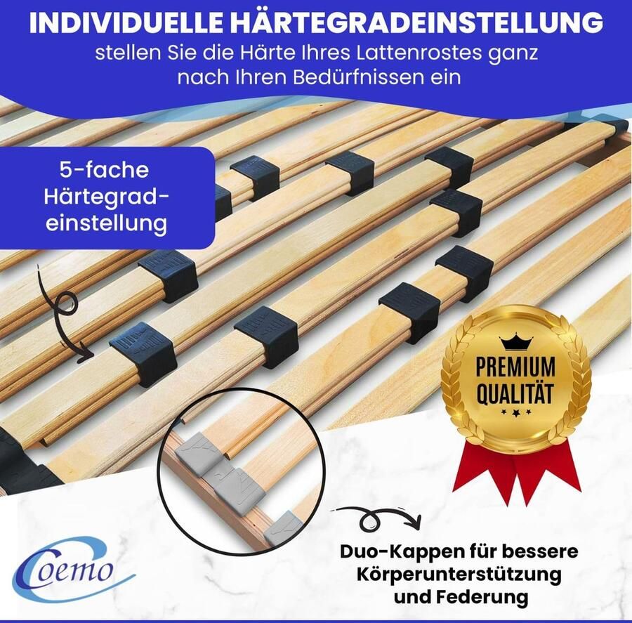 Senza Marchio Coemo Stabiele lattenbodem Basic met 7 zones stijve lattenbodem 140 x 190 cm 26 latten duo-doppen hardheidsregeling 4-voudig instelbaar bedframe beuken frame Made in Europe