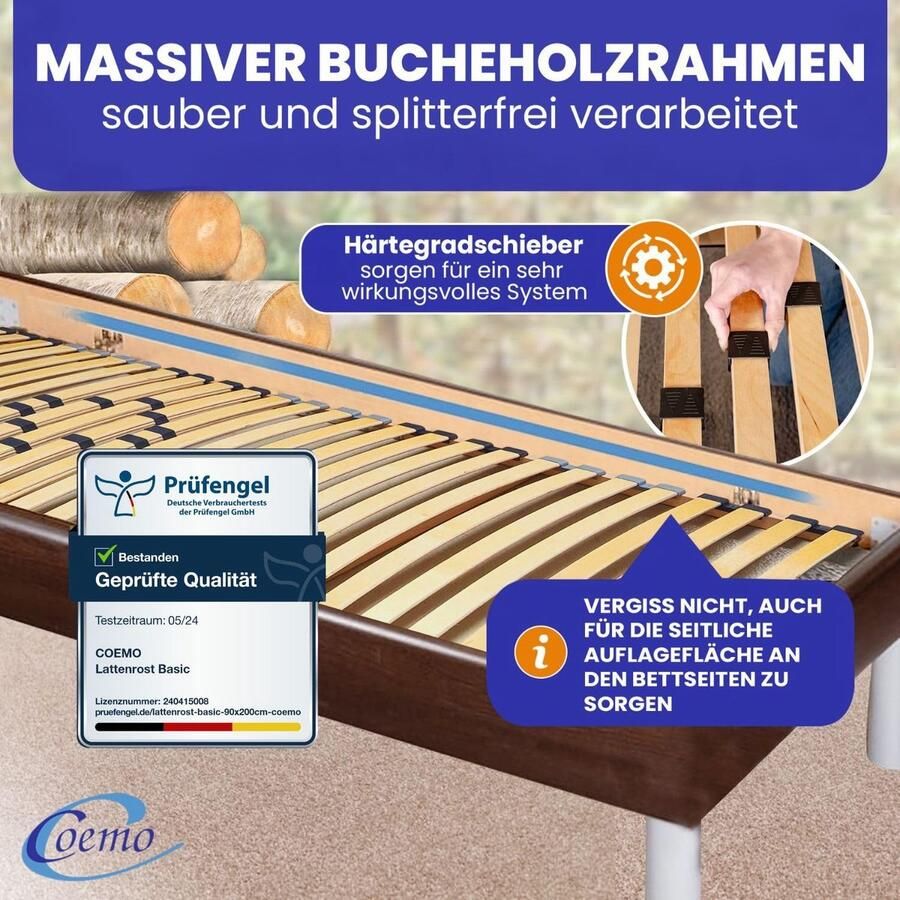 Senza Marchio Coemo Stabiele lattenbodem met 7 zones stijve lattenbodem 80 x 210 cm 30 latten duo-doppen hardheidsgraad 5-voudig instelbaar bedframe beuken frame Made in Europe