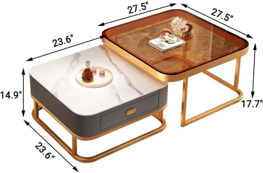 Senza Marchio Coffee Table Set of 2 with Storage Drawer Glass & Slate Tabletop Square Center Table Small Cocktail Table End Table Modern Nesting Coffee Tables for Living Room N 70+60cm