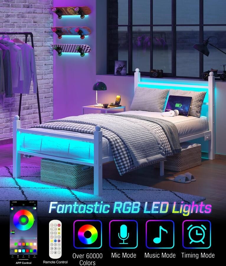 Senza Marchio CollaredEagle Tweepersoonsbedframe met hoofdeinde en voeteneinde stevige stalen latten ondersteunen metalen bedframe met oplaadstation wit BF002-WH-T-CE4