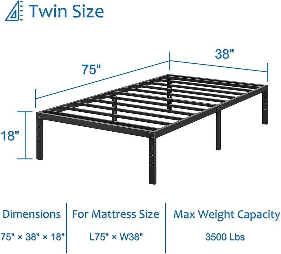 Senza Marchio COMASACH Twin Bed Frame Heavy Duty 18 Black Metal Platform Bed Frame Stevig stalen frame Ondersteuning tot 3500 lbs Geen boxspring nodig lawaaivrij eenvoudige montage