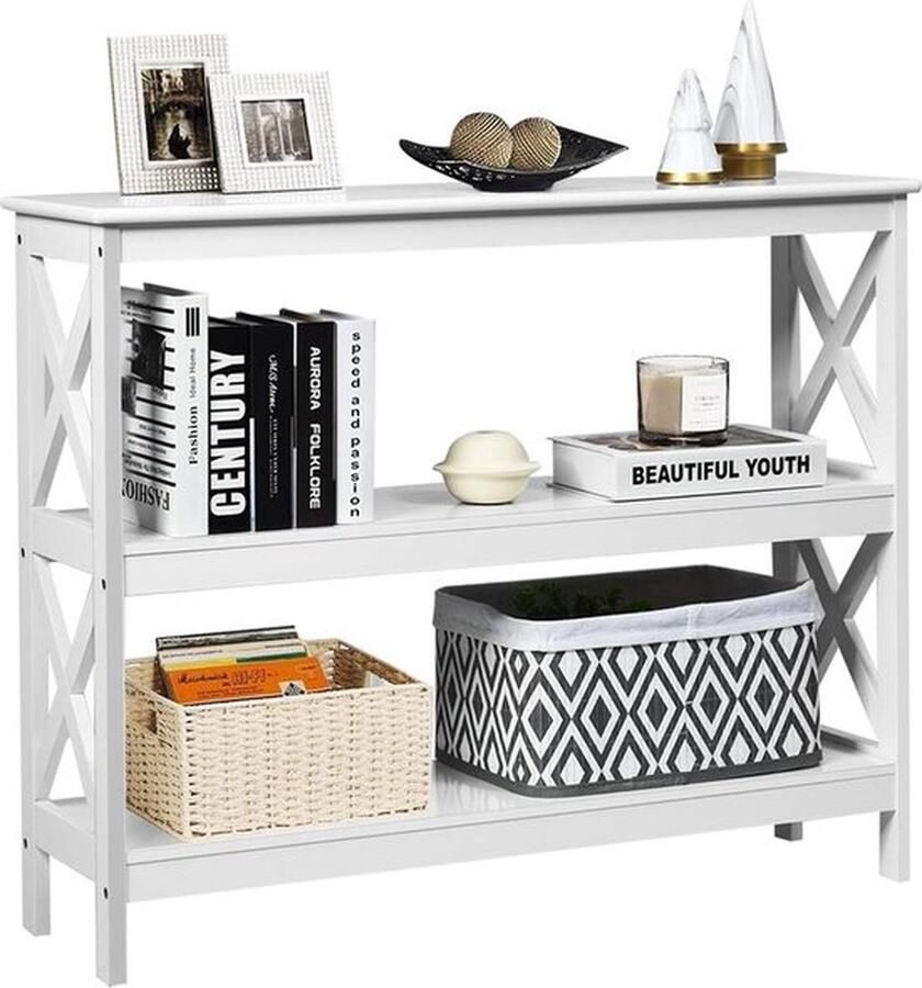 Senza Marchio Consoletafel bijzettafel industrieel design met plank gangtafel 100 x 33 x 80 cm (wit 3 niveaus)