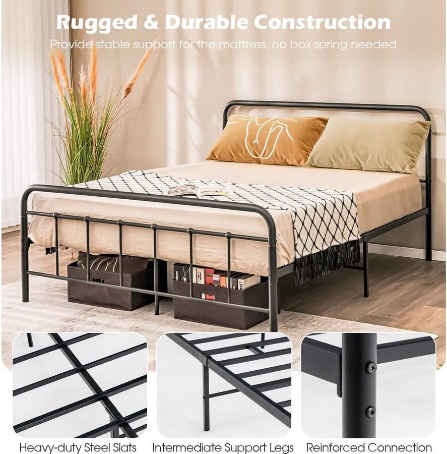 Senza Marchio COSTWAY Metalen Platform Bed Modern Bedframe met Hoofdbord & Voetbord Zware Stalen Latten Ondersteunen Matrasstichting Geen Boxspring nodig Geluidsvrij Zwart (208cm x 164cm x 102cm)