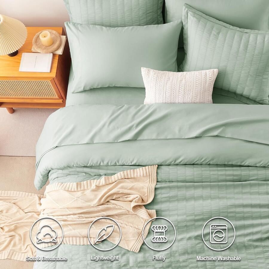 Senza Marchio CozyLux Full Queen Seersucker Comforter Set met Lakens Groen Bed in een Zak 7-delige All Season Beddengoed Sets met Dekbed Kussen Sham Plat laken Hoeslaken Kussensloop