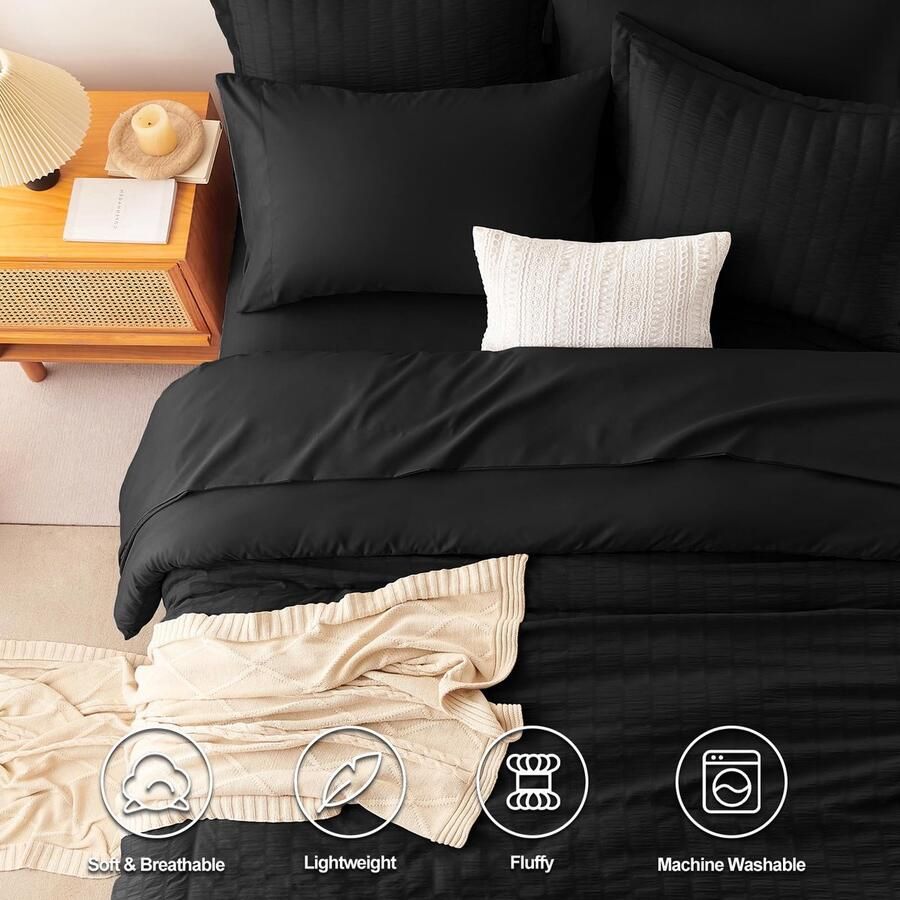 Senza Marchio CozyLux Queen Seersucker dekbedset met lakens zwart bed in een tas 7-delige beddengoedsets voor het hele seizoen met dekbed kussensloop plat laken hoeslaken kussensloop