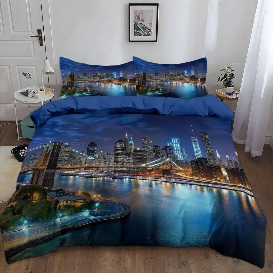 Senza Marchio CozyRest Dekbedovertrek Set Kind New York Nachtzicht Beddengoed Set 3-delig Zachte Comfortabele Brooklyn Bridge Omkeerbaar Dekbedovertrek Ademend Beddengoed Bed Sets met Kussenslopen Gemakkelijk