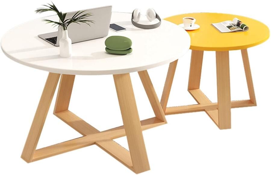 Senza Marchio Creatieve Nesting Coffee Table Round Woonkamerbank Bijzettafels Set van 2 Moderne Nesting Table Houten Afwerking En sief Houten Tafelpoten Voor Kleine Ruimte Balkon Slaapkamer (Kleur: Wit