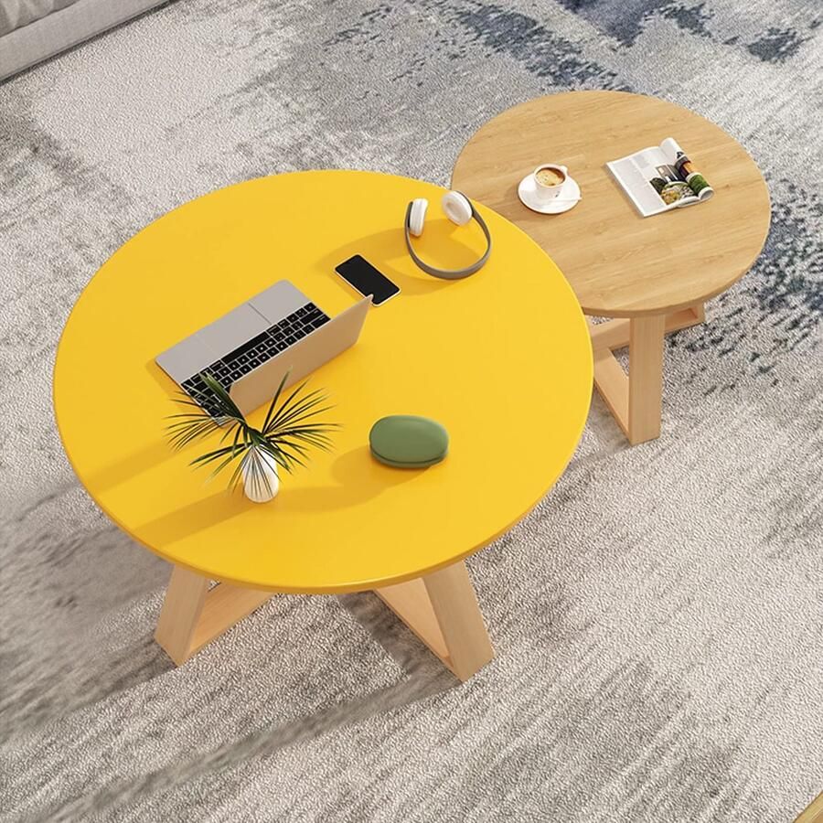 Senza Marchio Creatieve Nesting Coffee Table Round Woonkamerbank Bijzettafels Set van 2 Moderne Nesting Table Houten Afwerking en Massief Houten Tafelpoten voor Kleine Ruimte Balkon Slaapkamer (Kleur: