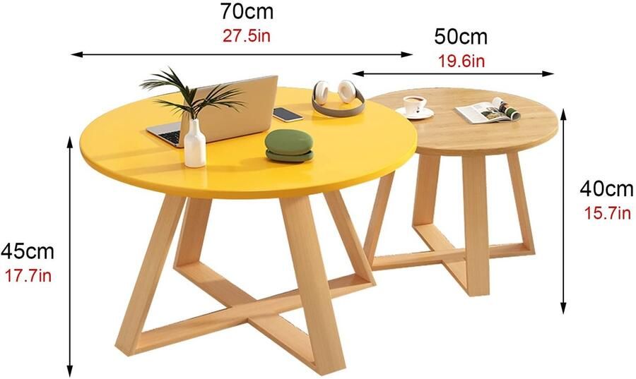 Senza Marchio Creatieve Nesting Salontafel Rond Woonkamer Sofa Side End Tables Set van 2 Moderne Nesting Table Houtafwerking en Massief Houten Tafelpoten voor Kleine Ruimte Balkon Slaapkamer (Kleur: Wi