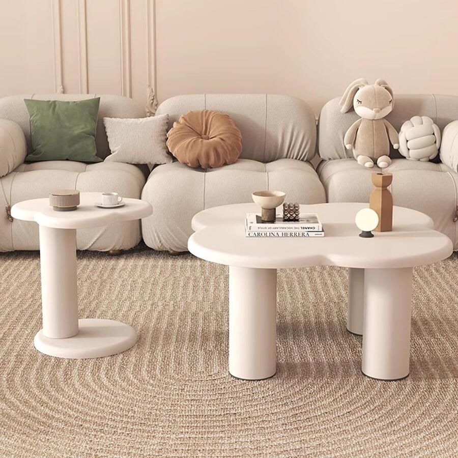 Senza Marchio Nesting Coffee Table 2024 Modern Side Table Set of 2 Design Unique Small Center Table End Table White Cream High+low Combination for Living Room Easy to Assemble 45×36cm