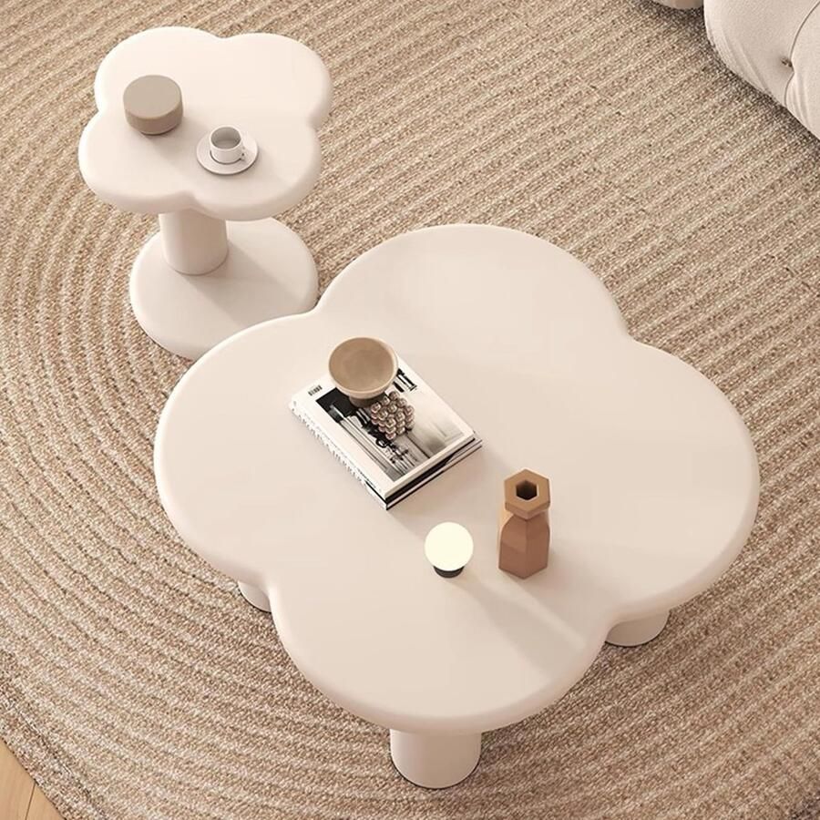Senza Marchio Cute Coffee Table Set Modern Cream Flower Coffee Table and Side Table Simple Center Table Nesting End Table for Living Room Bedroom Office Easy to Assemble 90×75cm