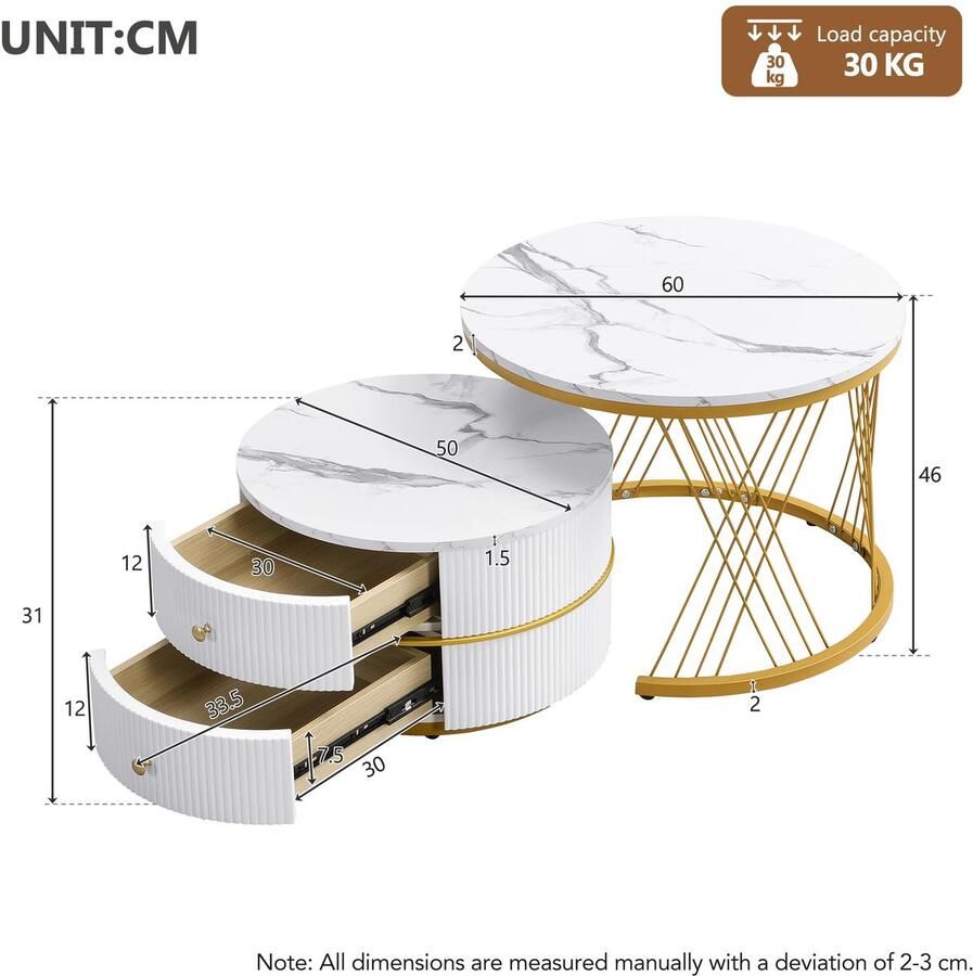 Senza Marchio Dalred 60 x 60 x 46 cm & 50 x 50 x 30 8 cm 2-delige nesting-combinatie salontafelset ronde tafels met hoogglanzende marmerlook 2 laden belastbaar tot 30 kg (wit en goud)
