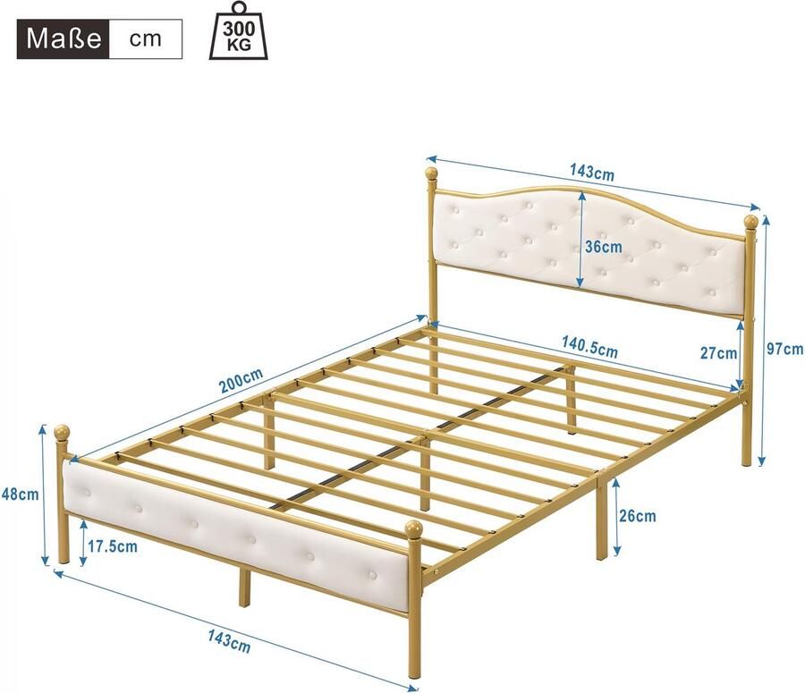 Senza Marchio Dalred Modern metalen hoogslaper bedframe met lattenbodem bedframe met hoofdeinde logeerbed tienerbed voor slaapkamer logeerkamer 140 x 200 cm goudkleurig
