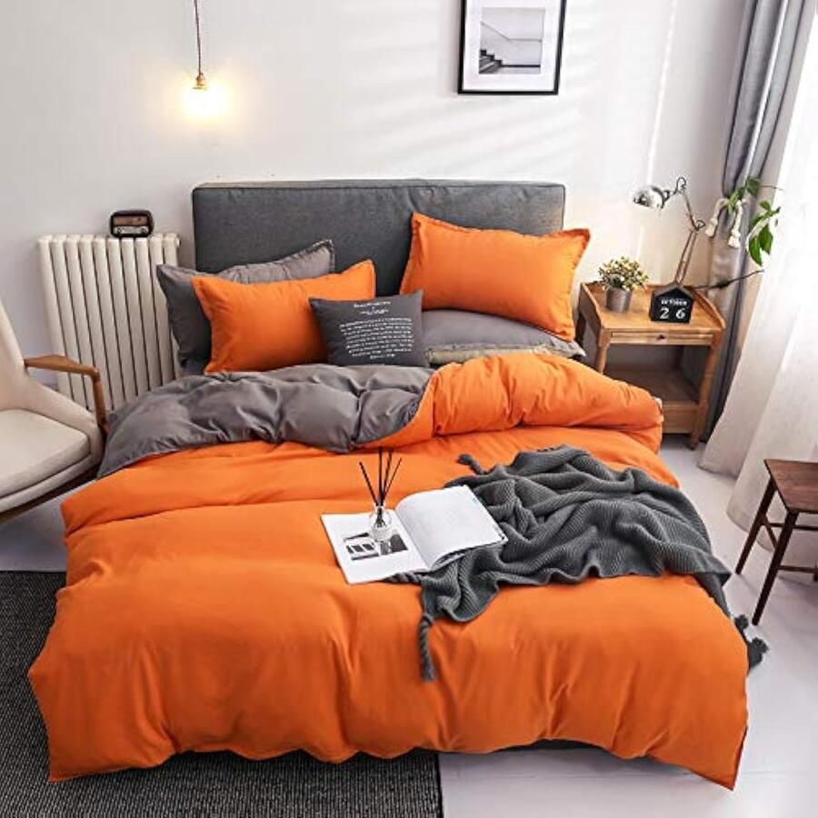 Senza Marchio Damier Beddengoed 200 x 220 cm oranje-grijs omkeerbaar beddengoed 3-delig zachte microvezel dekbedovertrek tweepersoonsbed met ritssluiting en 2 kussenslopen 80 x 80 cm