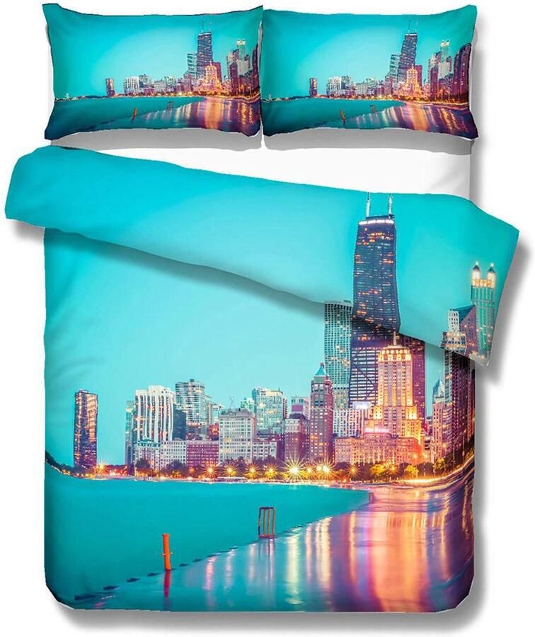 Senza Marchio Sticker Superb Dekbedovertrek tweepersoonsbed Europese moderne stad 3D foto Los Angeles New York London Philadelphia Chicago 200x200 cm beddengoed set dekbedovertrek kussensloop set (Chicago 200 x 200 cm)