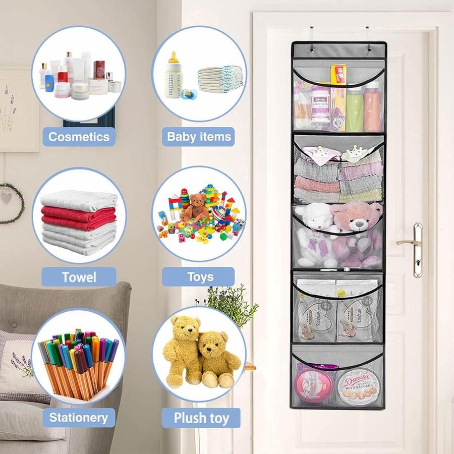Senza Marchio devesanter Hangrek 2 stuks hangende opberger met 5 netvakken organizer voor kast opslag boven de deur hangende organizer knuffeldieren opslag voor slaapkamer (grijs)