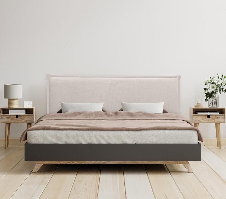 Senza Marchio DHOME effen hoofdeinde voor bed van natuurlijk linnen met biezen slaapkamer modern trending beige 145 x 105 cm met poten (voor bedden van 120 135 140 cm)