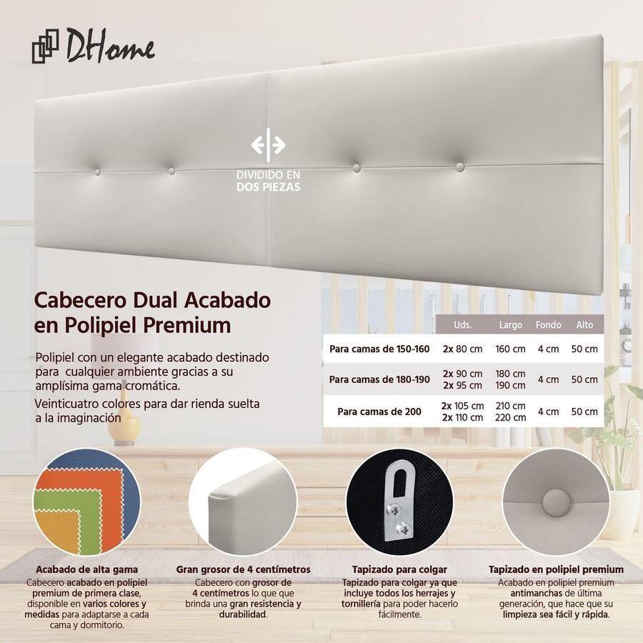 Senza Marchio DHOME Hoofdeinde van kunstleer of Aqualine Pro-stof high-end tweedelig gestoffeerd hoofdbord (gebroken wit kunstleer 180 cm tweedelig (voor bedden van 180 190 cm)