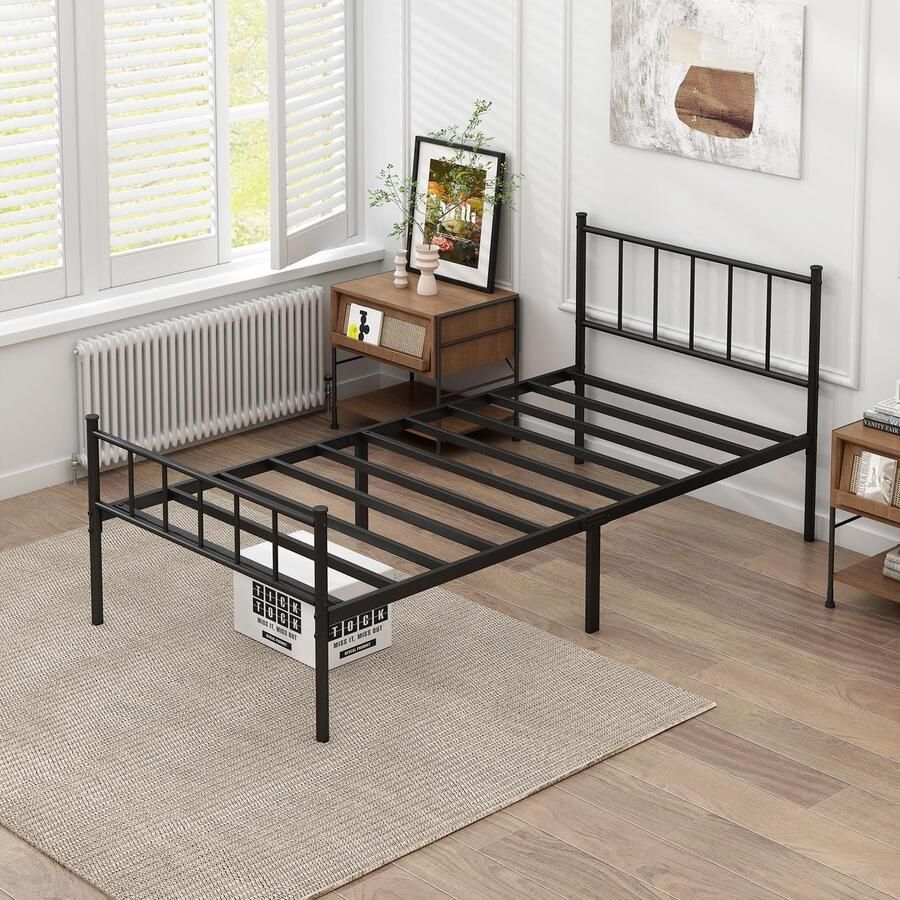 Senza Marchio DIIYIV Classic Twin XL metalen platform bedframe met hoofdeinde matrasstichting stalen latondersteuning opslag onder bed geen boxspring nodig tweepersoons XL-bedframe zwart