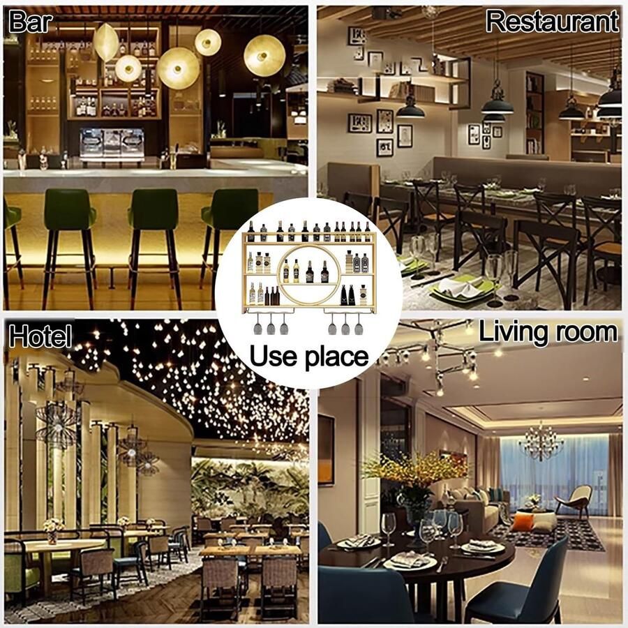 Senza Marchio Drijvende glazen wijnbareenheid met ijzeren displaystandaard moderne wandgemonteerde hangende organizer voor drankflessen en barware Stijlvolle gouden planken voor thuisbar of eetkamer decor