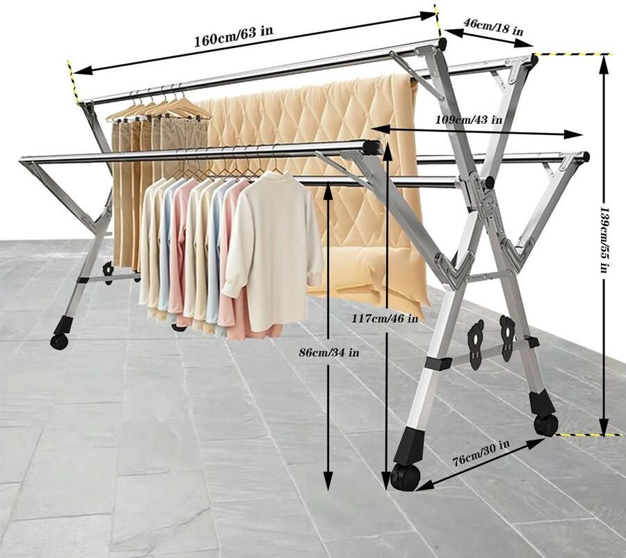 Senza Marchio Droogrekken voor wasgoed buiten wasdrogerrek opvouwbaar binnen kledingrek op wielen draagbaar 5-stangen roestvrijstalen wasstandaard (160cm 63in)