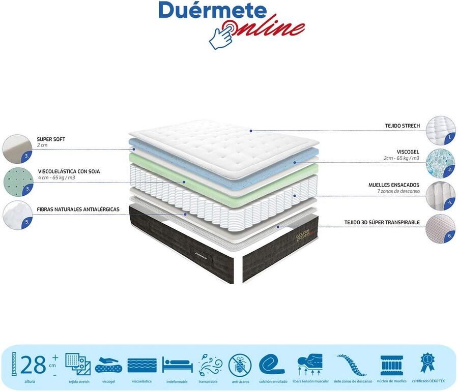 Senza Marchio Duermete Visco-elastische matras met pocketvering Golden Dreams Box met 7 ligzones 90 x 180