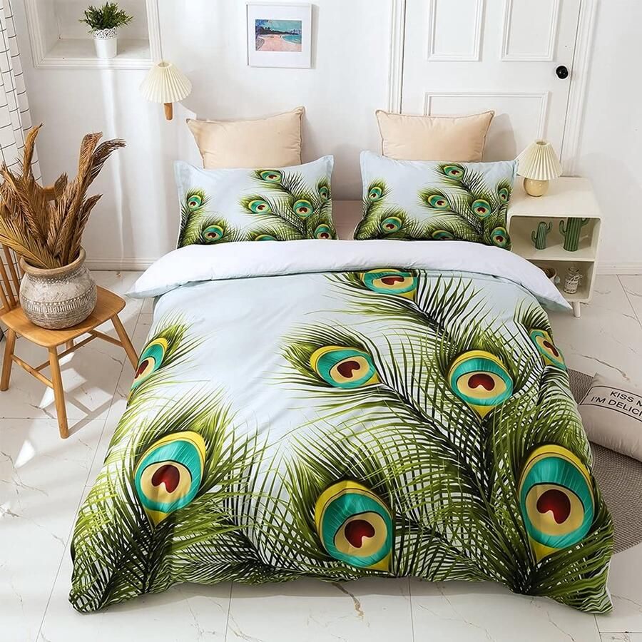 Senza Marchio Duvet Cover Green Feathers 3d Animal Printing Bedding Set Water Color Quilt Cover Bed Linen For Kids Adult Bedroom Decor 145×200CM