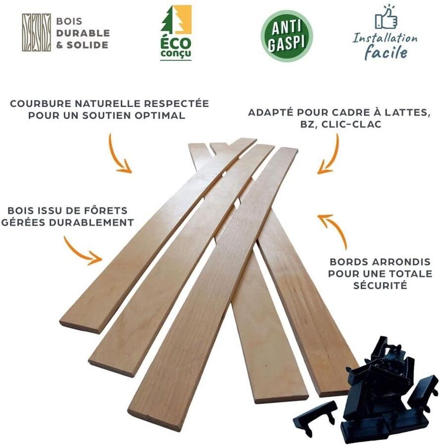 Senza Marchio EBAC Literie 10 latten + eindkappen – 880 x 48 x 8 mm – bed 90 – voor lattenbodem ZZ kliklak