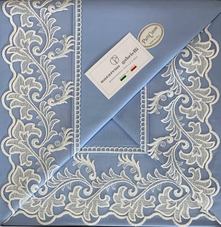 Senza Marchio Elegance Beddengoedset met kant Rebrodé voor tweepersoonsbed van puur katoen Alfionapoli (lichtblauw)