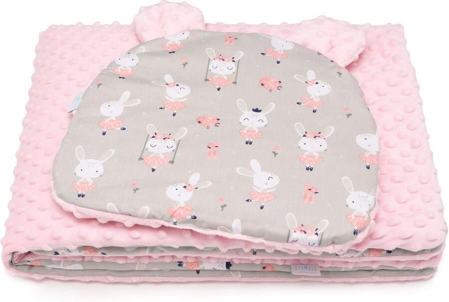 Senza Marchio EliMeli Babyset babydeken met kussen babybeddengoed Minky deken met hoofdkussen voor meisjes en jongens knuffeldeken met kinderkussen voor kinderwagen of bed (75 x 100 roze haas)
