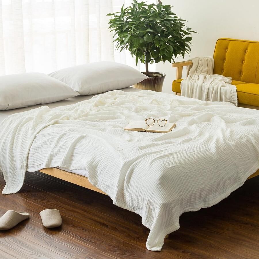 Senza Marchio EMME Deken katoen plaid 100% mousseline zacht voor bank 4-laags ademend gaasdeken alle seizoenen lichtgewicht voorgewassen wit 140 x 190 cm
