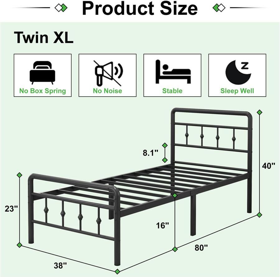 Senza Marchio EMODA 16 inch eenpersoons XL bedframes met rond metalen hoofdeinde en voetenplank robuuste metalen latten ondersteunen matrasbasis geen boxspring nodig eenvoudige montage