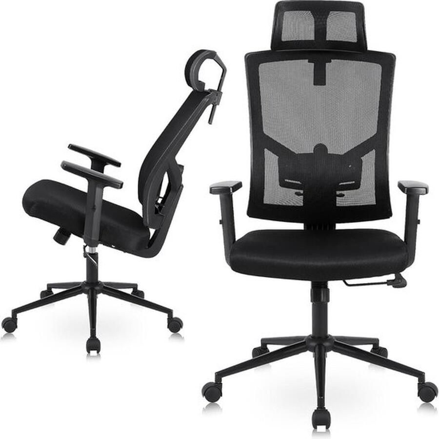 Senza Marchio Ergonomische bureaustoel verstelbare hoofdsteun armleuningen hoogteverstelling kantelfunctie tot 150 kg zwart Bureaustoel