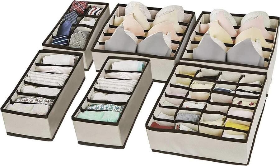 Senza Marchio Evance ondergoed lade organizer set van 6 opvouwbare lade verdelers opbergbakken doos opvouwbare kastverdelers en stoffen garderobe organisatoren (beige)