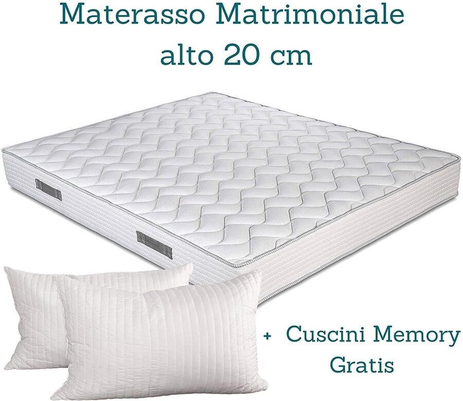 Senza Marchio Evergreenweb Matras voor tweepersoonsbed 140 x 195 cm 20 cm hoog orthopedisch polyurethaan biologisch koudschuim inclusief een paar kussen van traagschuim zacht wit hypoallergeen overtrek voor lattenbodems of bedden