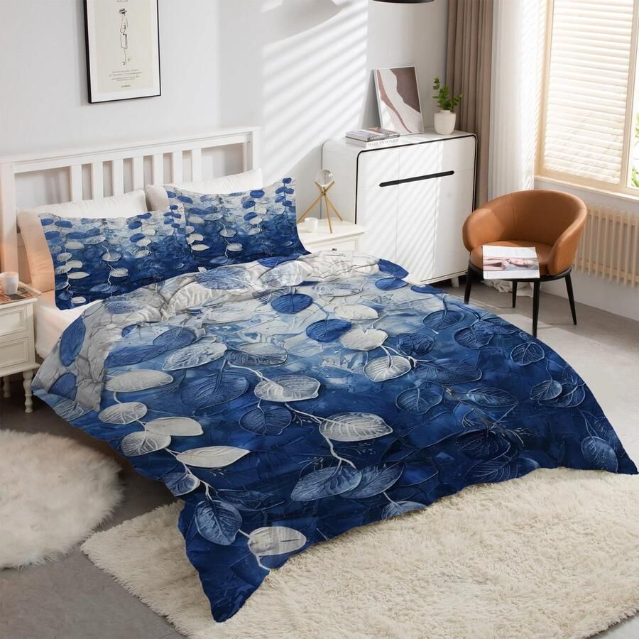 Senza Marchio EXSANLIEAY Leaves Bedding Tweepersoonsbed Set Blauw Dekbedovertrek Tweepersoons Zachte Microvezel Beddengoedsets Omkeerbare Dekbedovertrekken met Ritssluiting 2 Kussenslopen 50x75 cm
