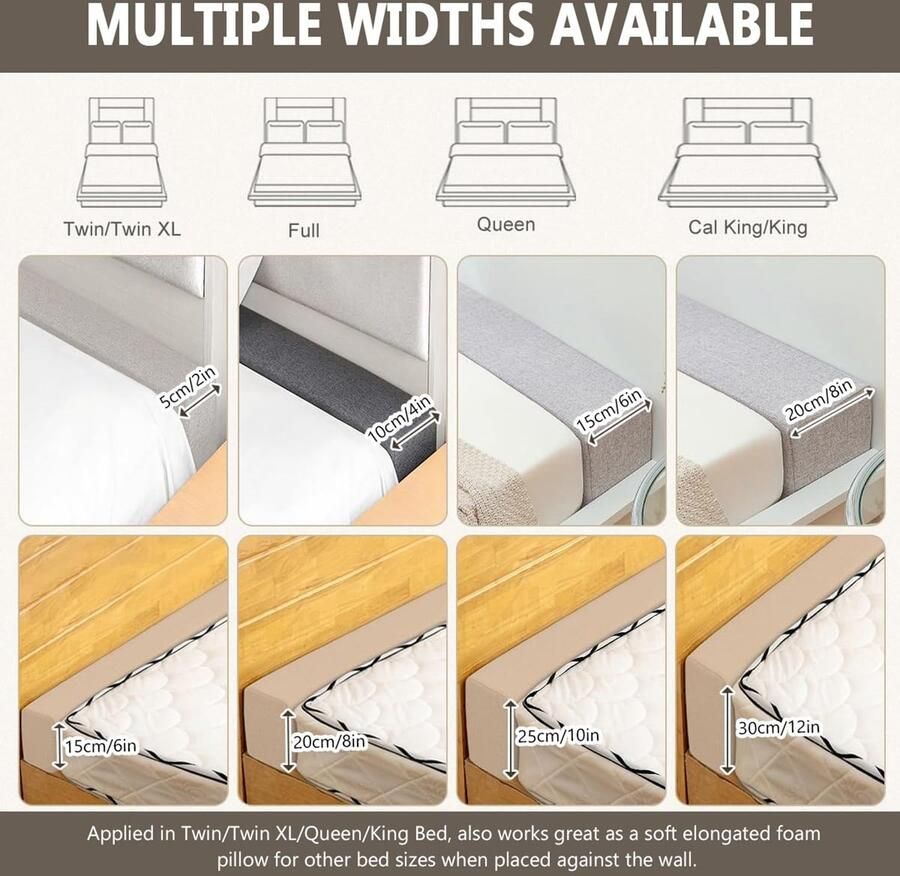 Senza Marchio Extender voor Bed Gap Ruimte Crack Vuller Tussen Hoofdbord en Matras of Muur High Density Foam met Verwijderbare Dekking(Beige 135x10x10cm)