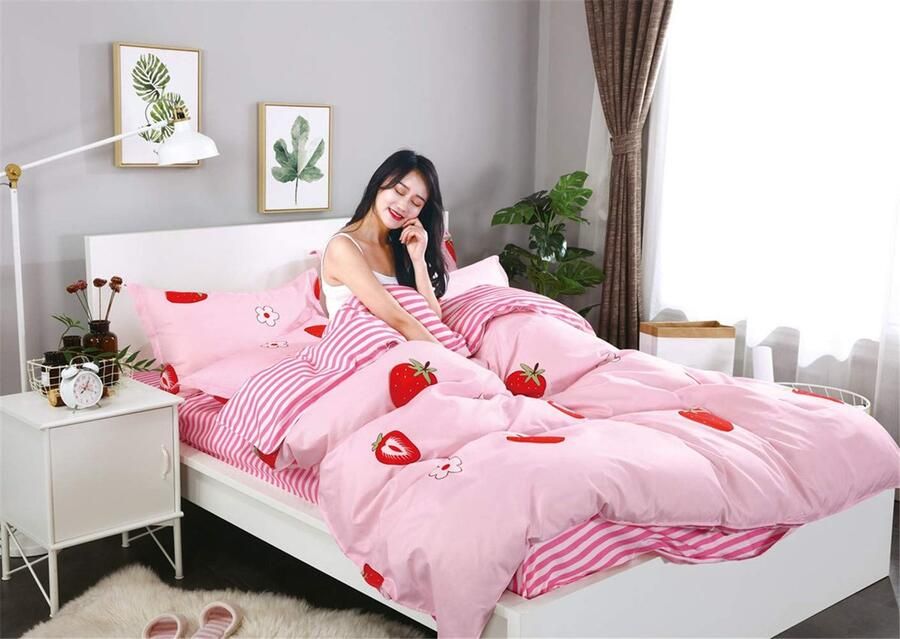 Senza Marchio Fansu Bedding Microvezel dekbedovertrekset 4-delig comfortabel zacht duurzaam inclusief bedlaken kussensloop hoge kwaliteit eenpersoonsbed kingsize (180 x 220 cm aardbeien)