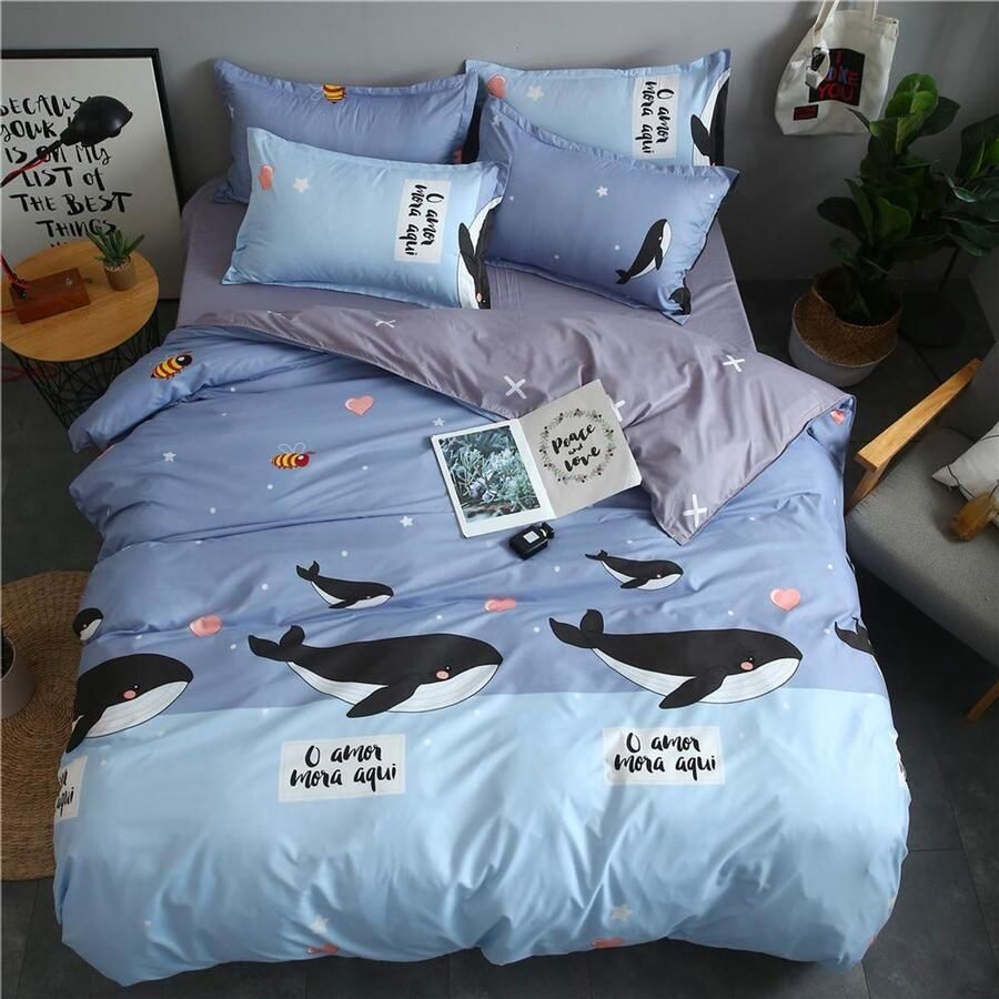 Senza Marchio Fansu Dekbedovertrek Bed Laken Set 4-delig Super Zacht 100% Microfiber Easy Care Chic Leuke Dierenprint Beddengoed met Flat Sheet Dekbedovertrek Kussenslopen (150x200cm-1.5M oceaan)