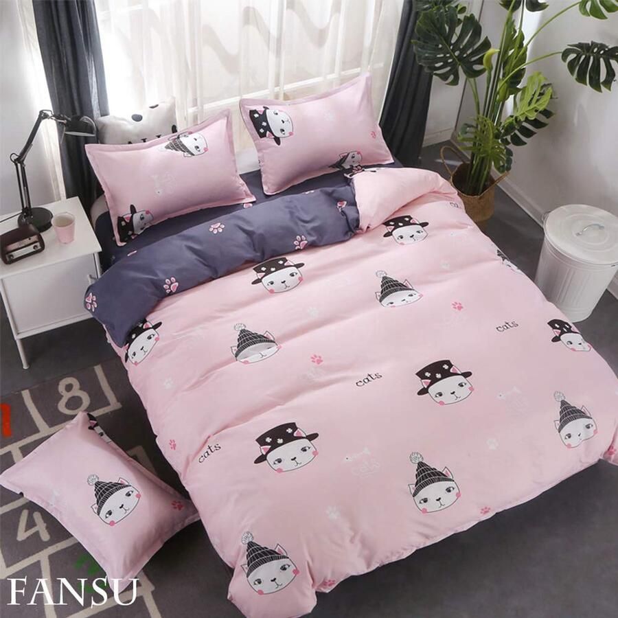 Senza Marchio Fansu Dekbedovertrek Bed Set 4 Stuk Moderne Dieren 100% Microfiber Beddengoed met Dubbele King Single Size Flat Sheets Dekbedovertrek Kussenslopen (150x200cm-1.5M Kat voetafdruk)