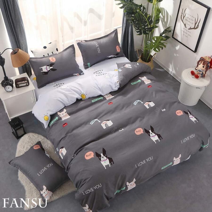 Senza Marchio Fansu Dekbedovertrek Bed Set 4 Stuk Moderne Dieren 100% Microfiber Beddengoed met Dubbele King Single Size Flat Sheets Dekbedovertrek Kussenslopen (200x230cm-2.0M Leuke hond)
