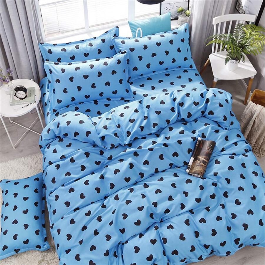 Senza Marchio Fansu Dekbedovertrek Bed Set 4 Stuk Moderne romantische Hart 100% Microfiber Beddengoed met Dubbele King Single Size Flat Sheet Dekbedovertrek Kussenslopen (180x220cm-1.8M blauw)